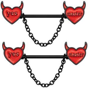 14G Devil Heart Nipple Rings for Women Surgical Steel Yes Master Naughty Words D